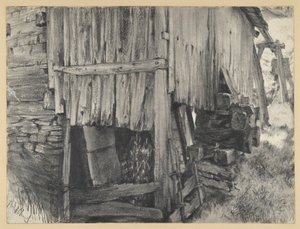 Cobertizo de madera alrededor de una rueda de molino de Adolph Menzel