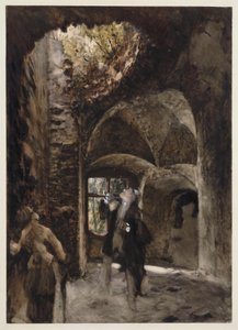 En las ruinas, un señor y una señora están de pie en un rellano de la escalera y miran hacia arriba, hacia un gran agujero en la bóveda.