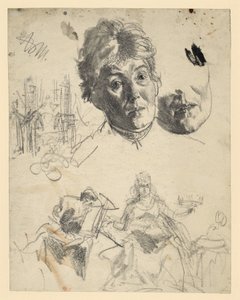 Cabeza de una mujer mayor, con repetición de la zona de la barbilla; boceto arquitectónico; boceto figurativo para una alegoría