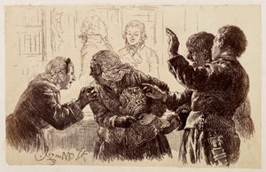 Marthe, con los fragmentos de la jarra en los brazos, se encuentra entre Veit y Ruprecht, mientras que Eve suplica a su madre que desista de su queja, de la obra de Heinrich von Kleist «La jarra rota».