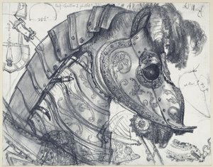 Armadura de caballo y armadura de gala para el príncipe elector Cristián I de Sajonia y su caballo, en diferentes perspectivas y bocetos a escala, Museo Histórico, Dresde de Adolph Menzel