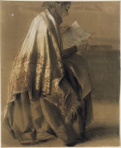 Mujer sentada, leyendo, con un amplio pañuelo envuelto alrededor del cuello de Adolph Menzel