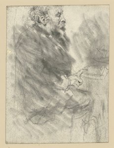 Hombre barbudo sentado, mirando hacia la derecha, con el dedo índice de la mano derecha extendido y apoyado sobre la mesa de Adolph Menzel