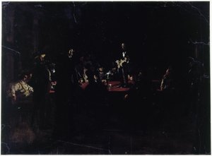 Unos comensales alrededor de una gran mesa y un cantante de Adolph Menzel