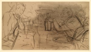 Dos caballeros sentados uno frente al otro en la mesa de una taberna, conversando de Adolph Menzel