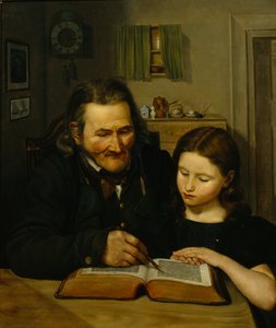 Un anciano enseña a leer a una niña de Adolph Tidemand