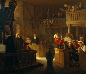 Servicio religioso en una iglesia noruega de Adolph Tidemand