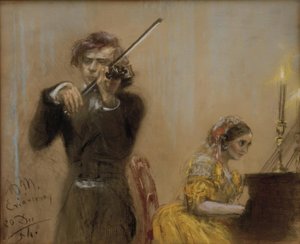 Clara Schumann y Joseph Joachim tocando música