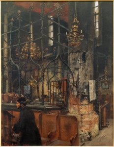 El interior de la Sinagoga Vieja-Nueva en Praga de Adolph Menzel