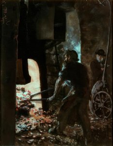 Autorretrato con trabajador en el martillo de vapor de Adolph Menzel