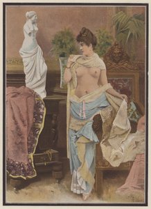 Mujer comparándose con una estatua de Venus de Milo (litografía en color) de Adolphe Frederic Lejeune
