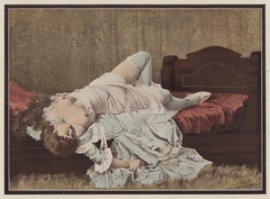 Mujer tumbada en una cama (litografía en color) de Adolphe Frederic Lejeune