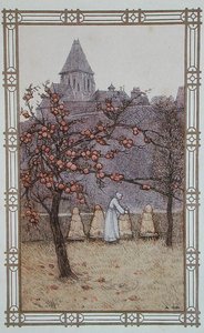 Apicultora revisando sus colmenas, ilustración de 