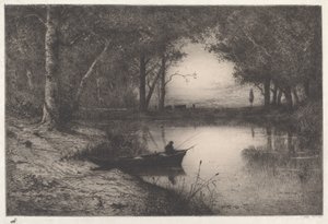 Un pescador en un estanque boscoso al atardecer de Adolphe Appian