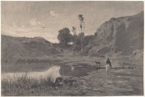 Un jinete junto a un estanque de montaña al atardecer de Adolphe Appian