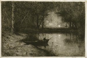 Pescador en barca de remos, a orillas de un río de Adolphe Appian
