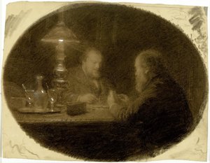 Dos amigos alrededor de una mesa de Adolphe Felix Cals
