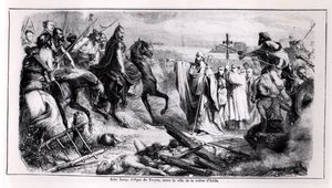 San Lupo defendiendo la ciudad de Troyes contra Atila el Huno (c.406-453) en su caballo, ilustración de una historia de Francia, segunda mitad del siglo XIX de Adolphe Francois Pannemaker