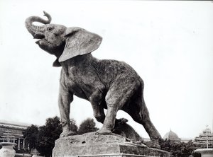 Joven elefante atrapado en una trampa (1878) frente al Palacio de Trocadero, construido para la Exposición Universal (1878), París, 1888