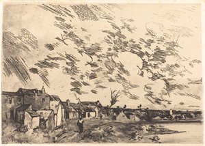 Pueblo en la orilla de un río de Adolphe Hervier