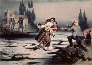 Eliza cruzando los témpanos de hielo del río Ohio hacia la libertad, ilustración de 