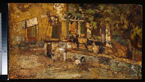 Patio de granja con un burro y gallos de Adolphe Joseph Thomas Monticelli