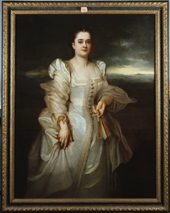 Retrato de una dama con un vestido blanco bordado con perlas de Adolphe Joseph Thomas Monticelli