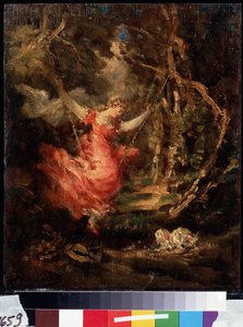 ""Sur la balancoire"" (En el columpio) Pintura de Adolphe-Thomas-Joseph (Adolphe Thomas Joseph) Monticelli (1824-1886). Óleo sobre madera. Museo Pushkin, Moscú de Adolphe Joseph Thomas Monticelli
