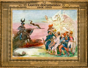 Alegoría del conflicto: Tropas francesas guiadas por la Victoria van al asalto de Alemania encarnada por la muerte a caballo de Adolphe Leon Willette