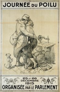 Primera Guerra Mundial: cartel en homenaje a los soldados representando la reunión de una pareja para el Día del Peludo el 25 y 26 de diciembre de Adolphe Leon Willette