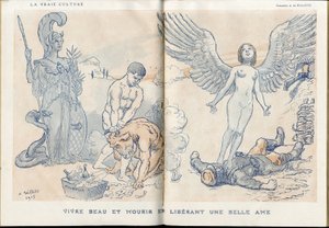 Ilustración de Adolphe dit Willette (1857-1926) en "Fantasio", 01/05/15 - Vivir hermoso y morir liberando un alma hermosa - Guerra del 14-18, Muertos cadáveres, Barbarie/Kultur, Mermelada de Calavera - Soldados
