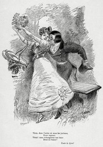 Dos amantes: "¡Venid a intercambiar nuestras almas/en un beso! " Ilustración de Wilette para el poema de Victor Hugo "L