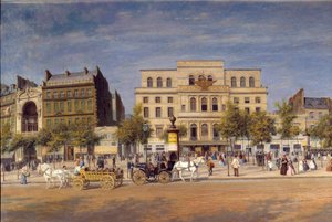 Vista general de los teatros del boulevard du temple antes de la perforación del Boulevard Prince Eugene, detalle de los carruajes parisinos frente al Teatro Imperial de Adolphe Martial Potemont
