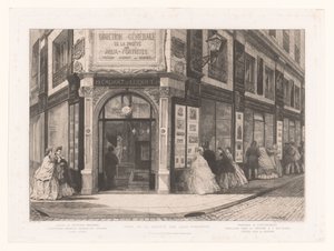 Vista del negocio de Cadart y Luquet con damas y caballeros en los escaparates
Siège de la société des Aqua-fortistes (título en el objeto)
Eaux-Fortes Modernes: Originales et Inédites (título de la serie) de Adolphe Martial Potemont