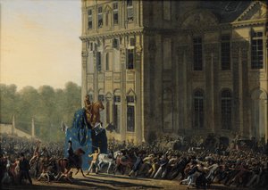Transporte de la Estatua de Enrique IV (1553-1610) frente al Pabellón de Flora del Louvre, 1818 de Adolphe Roehn