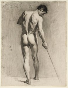 Dibujo al natural de un desnudo masculino con bastón, c.1910-12 (tiza sobre papel)
