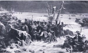 El Mariscal Ney apoyando la retaguardia durante la retirada de Moscú, ilustración de Hitos en la Historia Europea publicada por Gresham Publishing Co, c.1920 (litografía) de Adolphe Yvon
