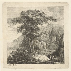 Paisaje montañoso con árboles, castillo y dos figuras. de Adriaan Jacob Willem van Dielen