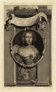 Isabel Estuardo, Reina de Bohemia, Electora del Palatinado, esposa de Federico V, el Rey de Invierno. Isabel, Reina de Bohemia. Vestido con mangas acanaladas, cuello de encaje con perlas. Viñeta de una mujer contemplando una corona caída. Grabado en cobre de Adriaan van der (after) Werff