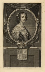 Henrietta Maria de Francia, esposa del rey Carlos I de Inglaterra. Henriette María de Francia. Con vestido con cuello de encaje y collar de perlas. Con corona y escudo de armas. Grabado al cobre de Charles Simonneau según Adriaen van der Werff a partir de  de Adriaan van der (after) Werff