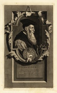 Retrato de Stephen Gardiner, obispo de Winchester y político. Con escudo de armas. Grabado al cobre de Pieter Stevens van Gunst según Adriaen van der Werff de la Histoire d