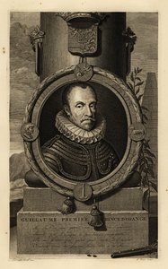 Guillermo I, Príncipe de Orange, Guillermo el Silencioso o Guillermo el Taciturno. Guillaume, Príncipe de Orange. Con armadura y gorguera de encaje, escudo de armas arriba, pistola de pedernal y perdigones de plomo abajo. Grabado al cobre de Gerard Valck s de Adriaan van der (after) Werff