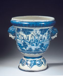 Gran urna de jardín mitológica azul y blanca de Delft en estilo barroco, c.1700 de Adriaen (fl.1868 d.1701) (attr.to) Kocks