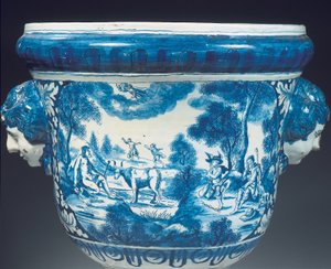 Detalle inverso de gran urna de jardín mitológica azul y blanca de Delft en estilo barroco, c.1700 de Adriaen (fl.1868 d.1701) (attr.to) Kocks