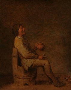 Hombre sentado sosteniendo una pipa y una jarra en un interior de Adriaen Brouwer (possibly copy after)