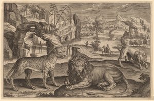 Un leopardo y dos leones de Adriaen Collaert