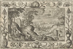 Abraham sacrifica a Isaac Paisajes con escenas bíblicas, mitológicas y escenas de caza (título de la serie) de Adriaen Collaert
