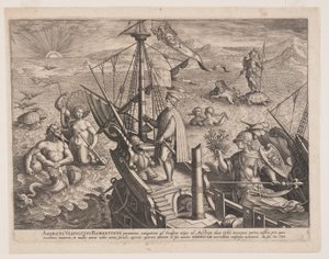 Américo Vespucio en su barco, de Americae Retectio (El descubrimiento de América)