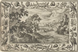 Apóstol Juan en Patmos Paisajes con escenas bíblicas, mitológicas y escenas de caza (título de la serie) de Adriaen Collaert