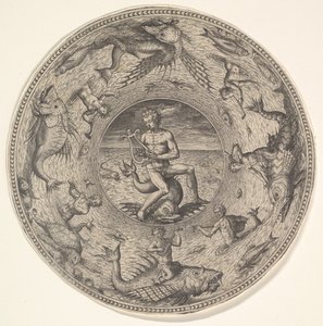 Arion en un Delfín Rodeado por un Borde Decorado con Criaturas Marinas, de un Conjunto de de Adriaen Collaert